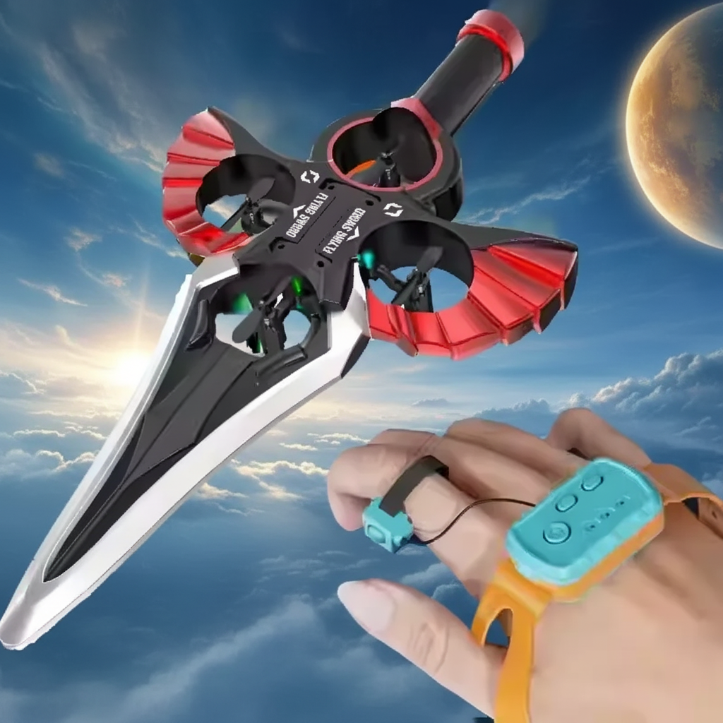 Red flying sword with a turquoise wrist-mounted gesture controller