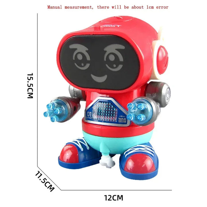 Red footed toy robot with turquoise accents and height, width, and depth measurements