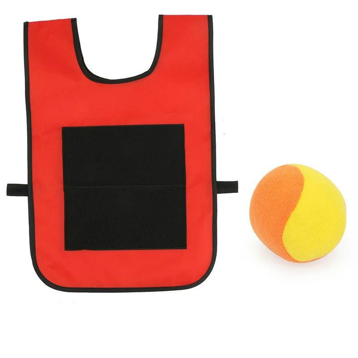 Red game vest with a black catch panel and a yellow-and-orange ball