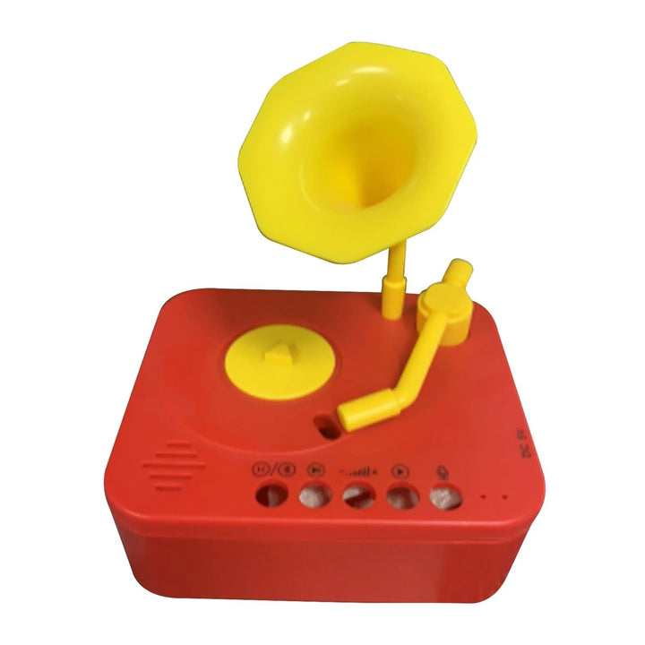 Red toy gramophone with a yellow horn, yellow tonearm, and front playback buttons