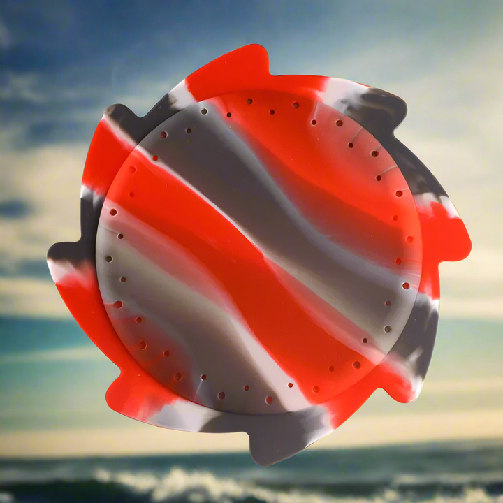 Red, gray, and white camouflage water flying disc with curved edge fins