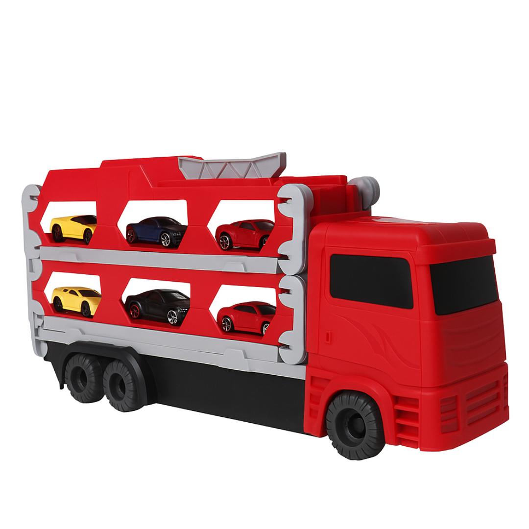 Red car carrier truck with gray side rails, black wheels, and mini cars on two levels.