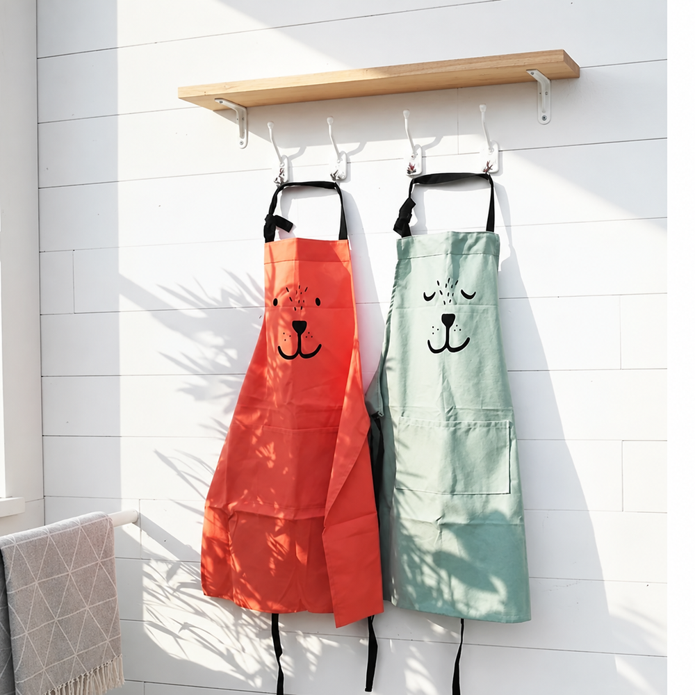 Red and green bear aprons hanging beneath a shelf in sunlight