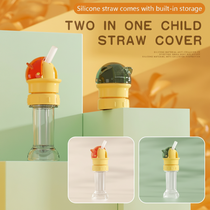 Red and green straw caps shown open and closed, with clear straw storage cases.