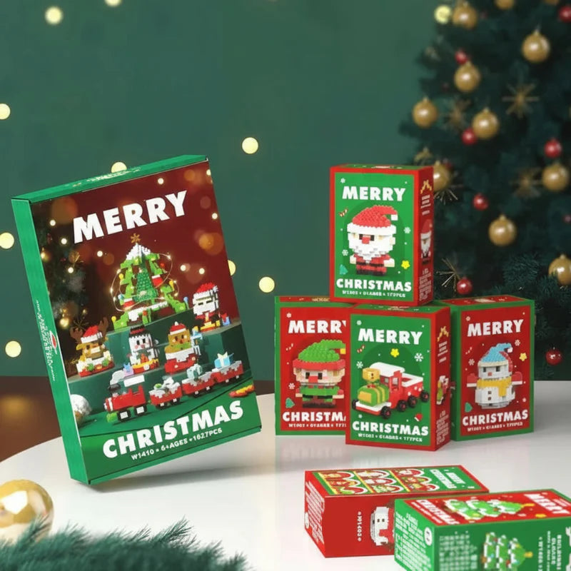 Christmas building block sets in red and green holiday boxes