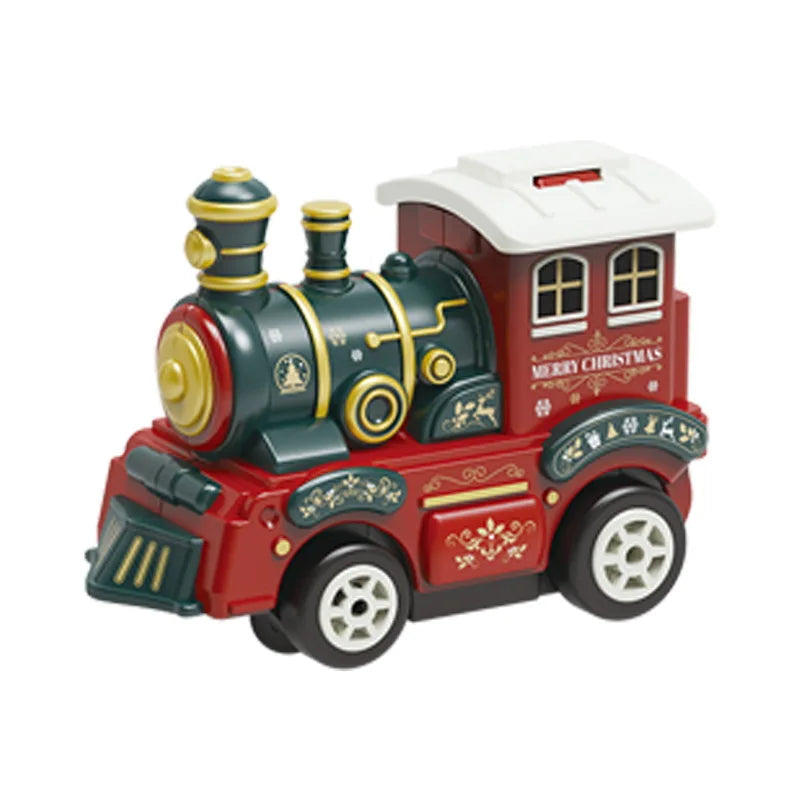Red-and-green toy locomotive with a white cab roof and gold-colored details