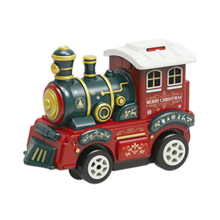 Red-and-green toy locomotive with a white cab roof and gold-colored details