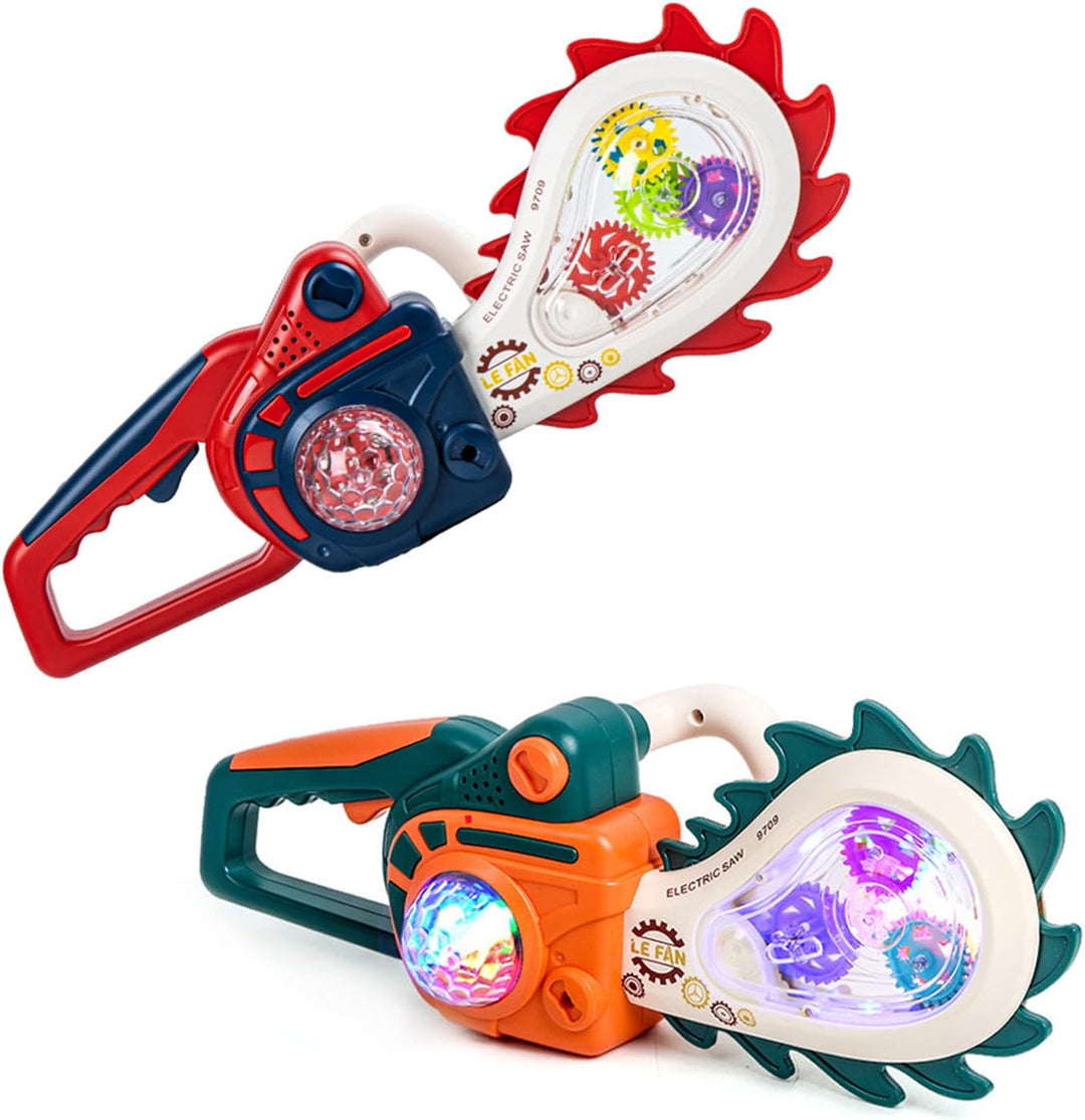 Red and green toy saw options with clear gear panels and wide handles