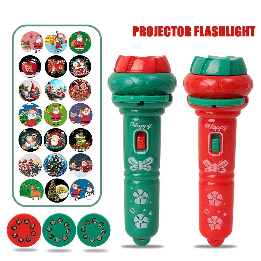 Red and green Christmas projection flashlights beside three discs and a grid of holiday pictures
