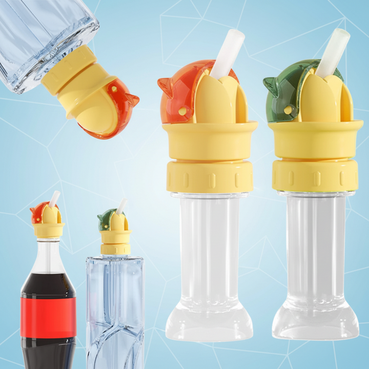 Red and green flip-top straw caps with yellow bases shown on different drink bottles.