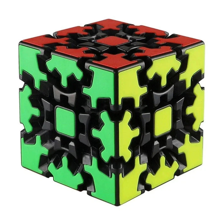 Interlocking gear puzzle cube with green, yellow, and red faces