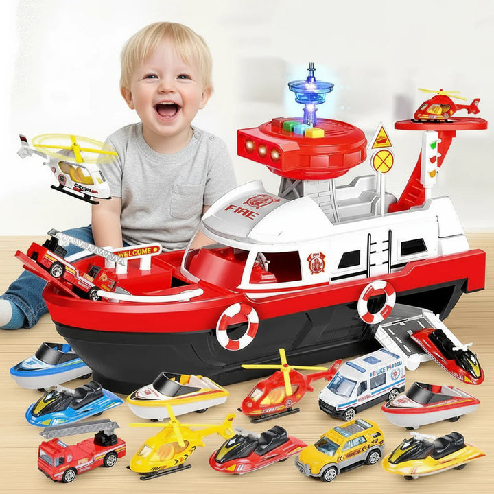 Child beside a red fire-themed toy boat surrounded by miniature boats and vehicles