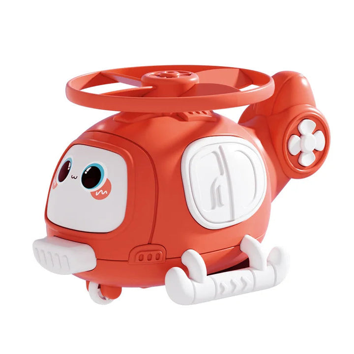 Red helicopter toy with a circular rotor, white side panel, and white landing skids