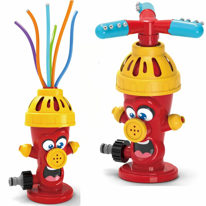 Red hydrant sprinklers with colorful spray tubes and blue rotating arms