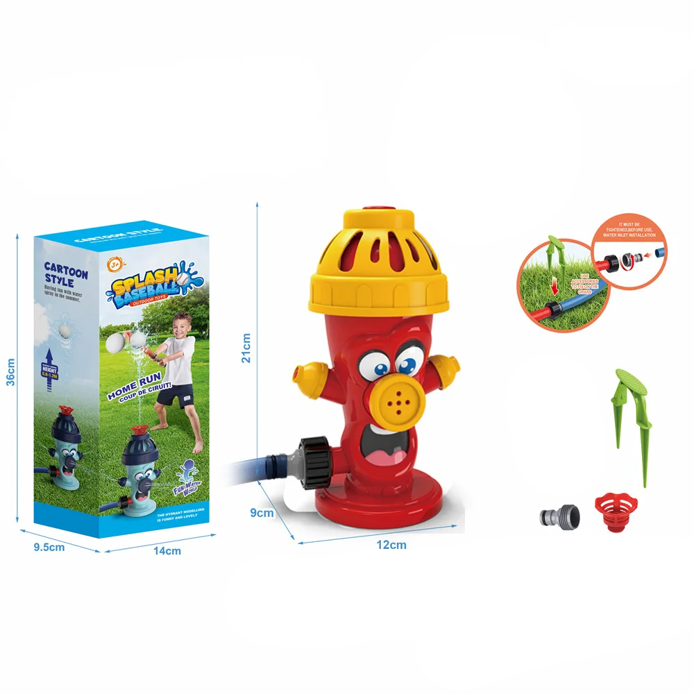 Red hydrant sprinkler set with a hose adapter, red top attachment, and green ground stake