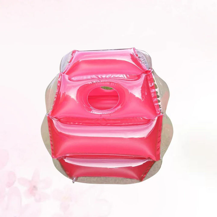 Red inflatable play ball with clear outer sections and a circular side opening