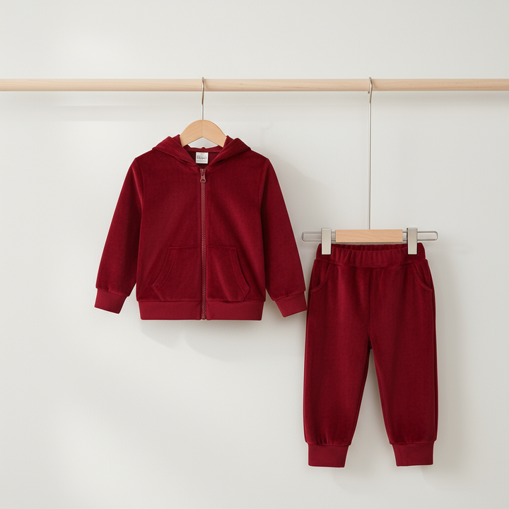 Red hooded jacket and matching joggers displayed on wooden hangers
