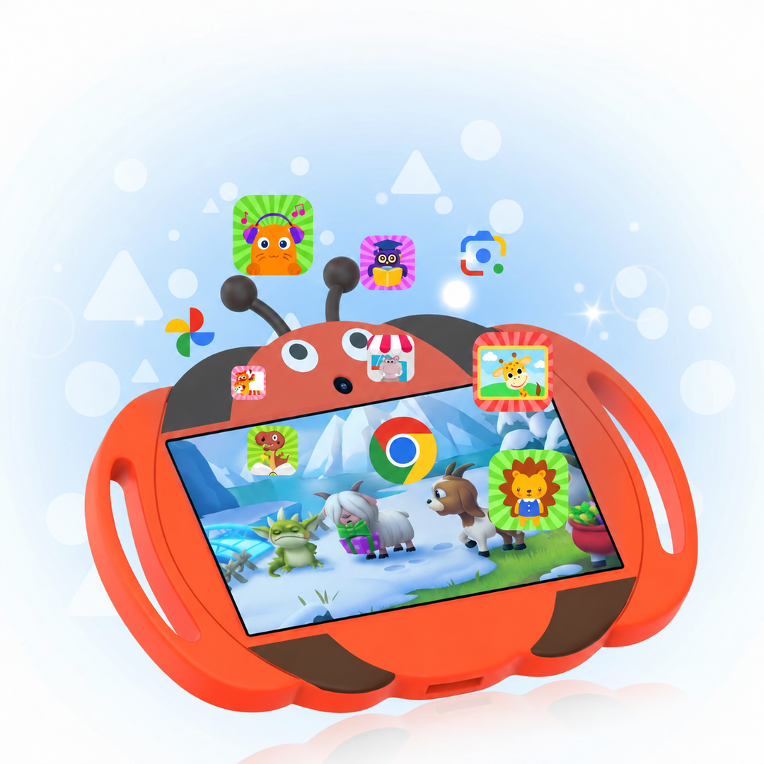 Red ladybug tablet with app icons above a colorful screen