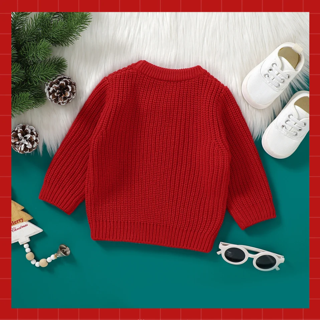 Back view of the red knit baby Christmas sweater with long sleeves and ribbed trim.
