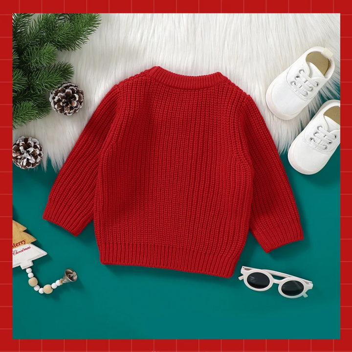 Back view of the red knit baby Christmas sweater with long sleeves and ribbed trim.