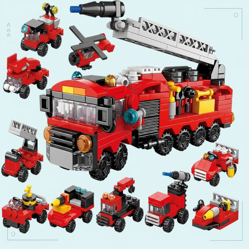 Red ladder fire truck block model with smaller emergency vehicle builds