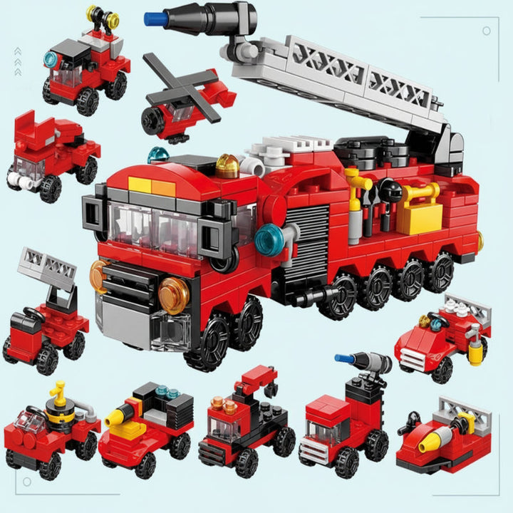 Red ladder fire truck block model with smaller emergency vehicle builds