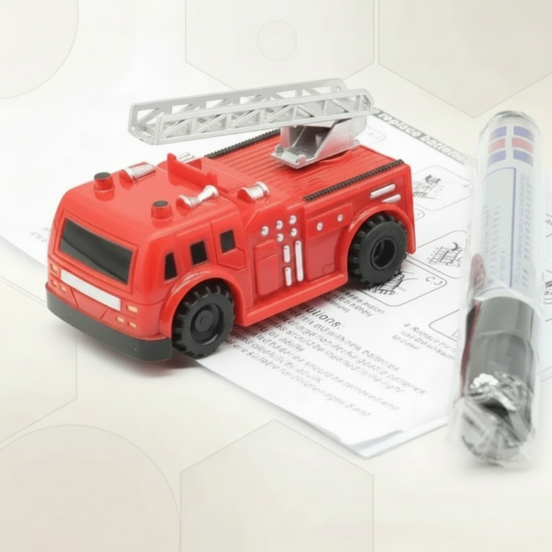 Red toy fire truck with a silver ladder, drawing pen, and instruction sheet