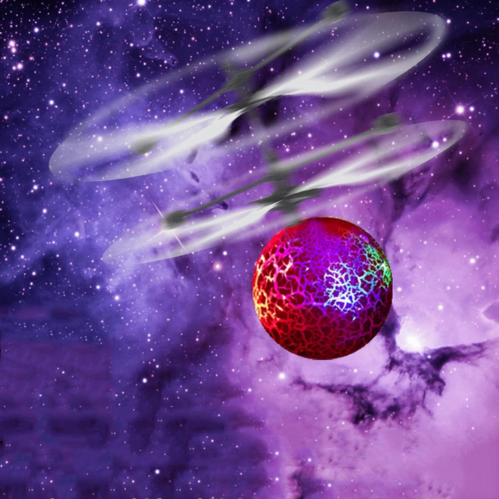 Red LED flying ball shown with rotor motion trails on a purple background