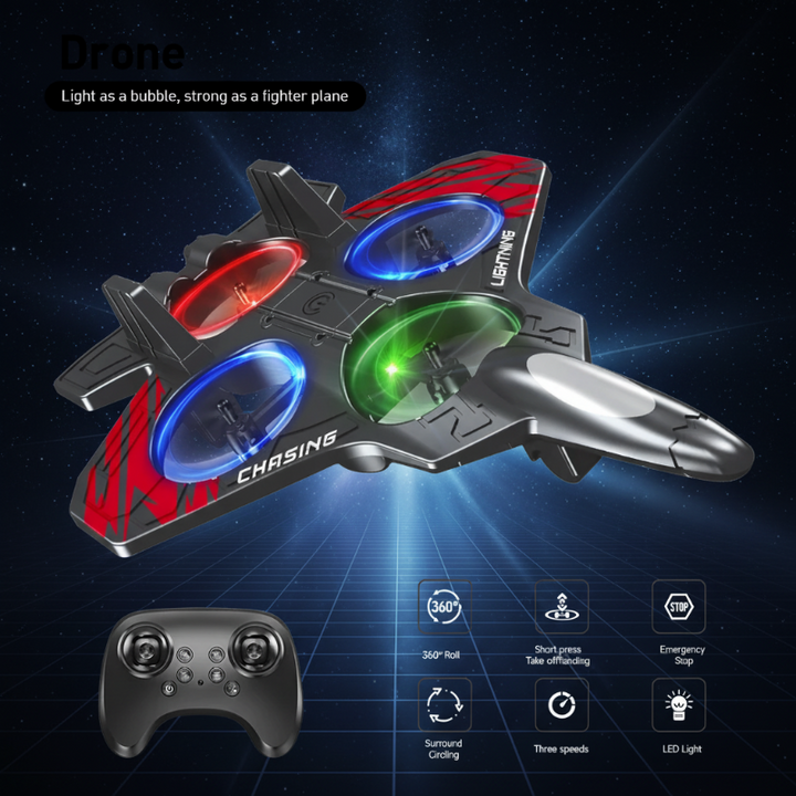 Red RC stunt plane with LED-lit propeller rings, a controller, and flight feature icons.