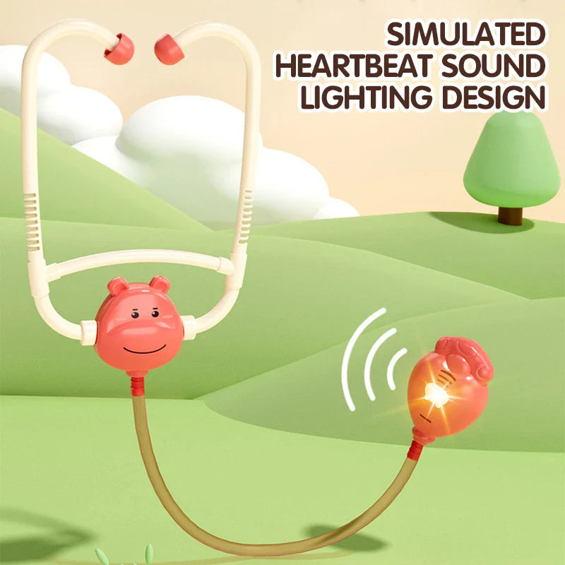 Red toy stethoscope with a glowing animal-shaped chest piece and illustrated heartbeat sound symbols
