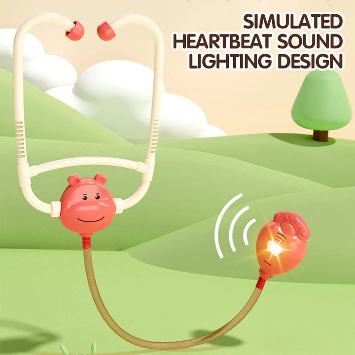 Red toy stethoscope with a glowing animal-shaped chest piece and illustrated heartbeat sound symbols