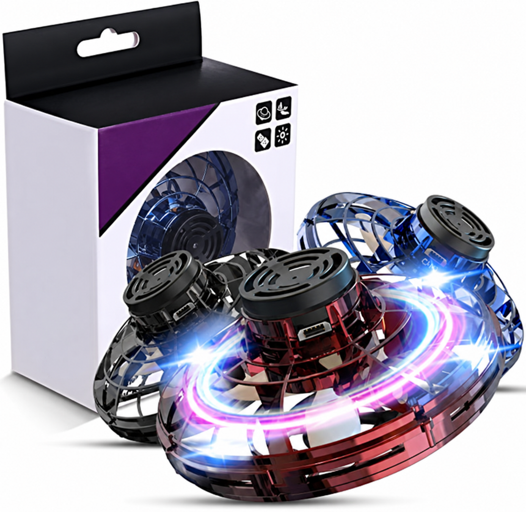 Red UFO drone with illuminated lights, blue and black versions, and retail packaging