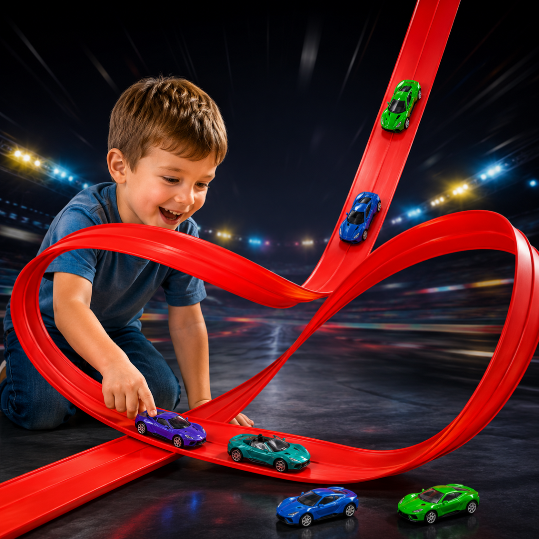 Child playing with mini cars on a red race track shaped into a large loop.
