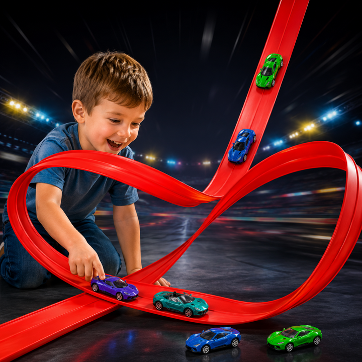Child playing with mini cars on a red race track shaped into a large loop.