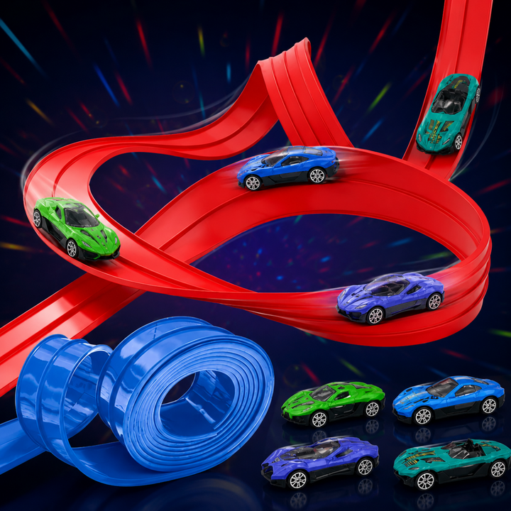 Red flexible race track arranged in loops with colorful mini cars and a rolled blue track.