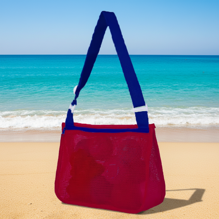 Red mesh beach bag with a dark blue adjustable shoulder strap