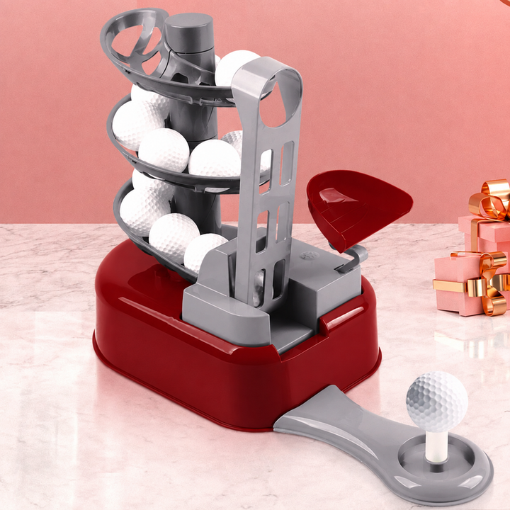 Red mini golf ball feeder with a gray spiral track and a ball resting on the extended tee