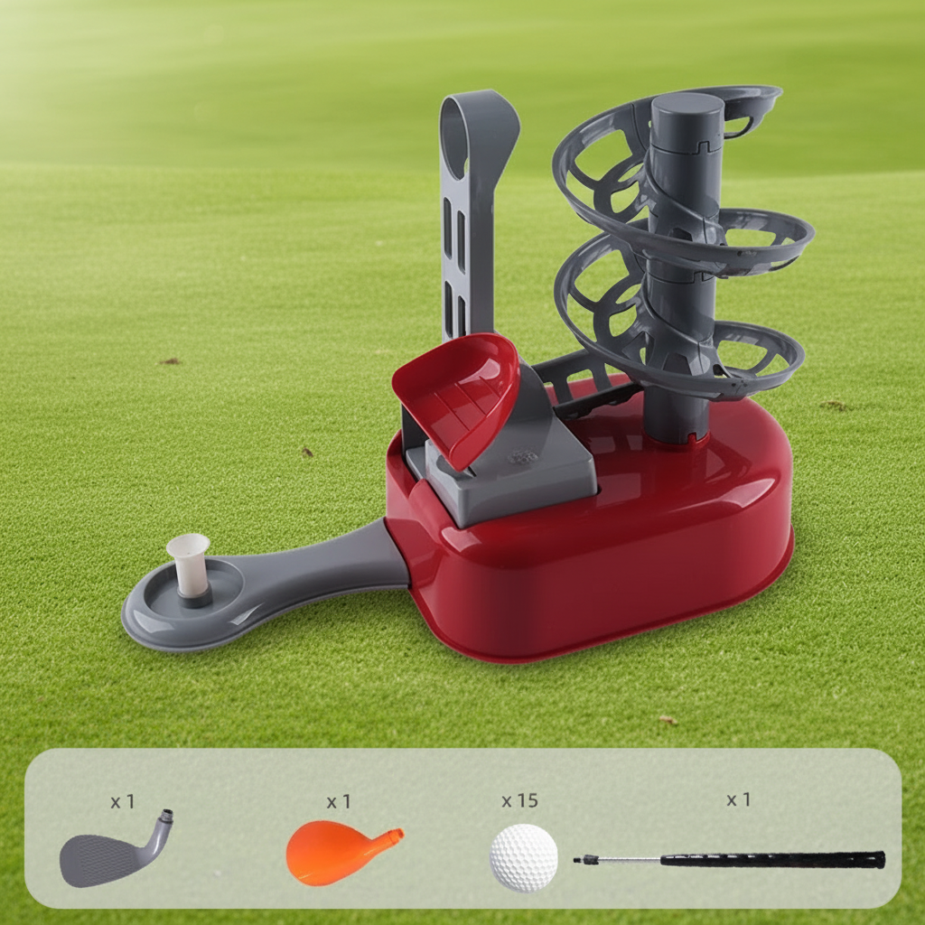 Red mini golf set with a gray spiral ball holder, tee arm, and ball and club accessories