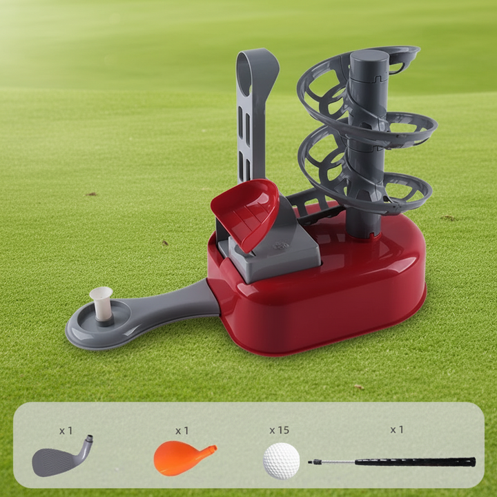 Red mini golf set with a gray spiral ball holder, tee arm, and ball and club accessories