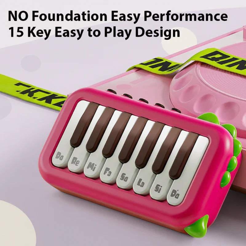 Red 15-key mini piano displayed beside a pink bag.