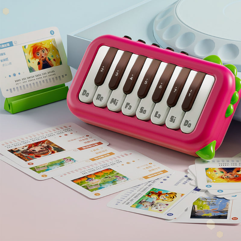 Red mini electronic piano displayed beside illustrated music cards.