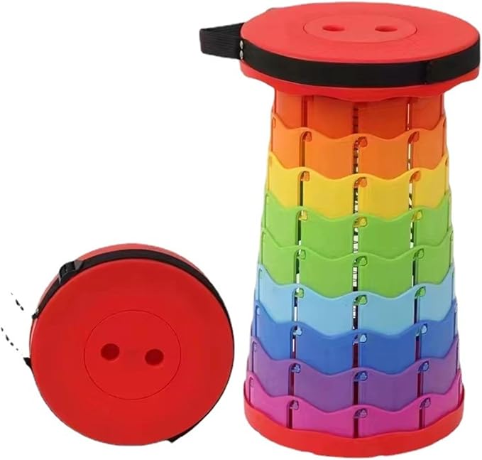 Red multicolor folding stool shown extended beside its collapsed disc shape