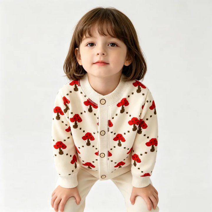 Child leaning forward in a cream knit cardigan with red mushrooms