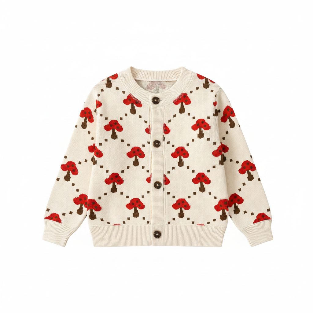 Cream button-front cardigan with red mushroom motifs and cream ribbed trim