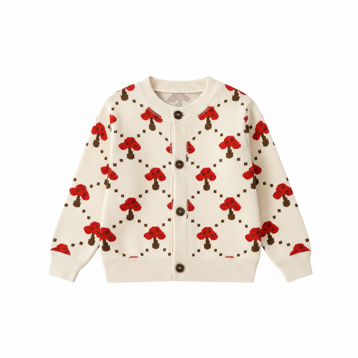 Cream button-front cardigan with red mushroom motifs and cream ribbed trim