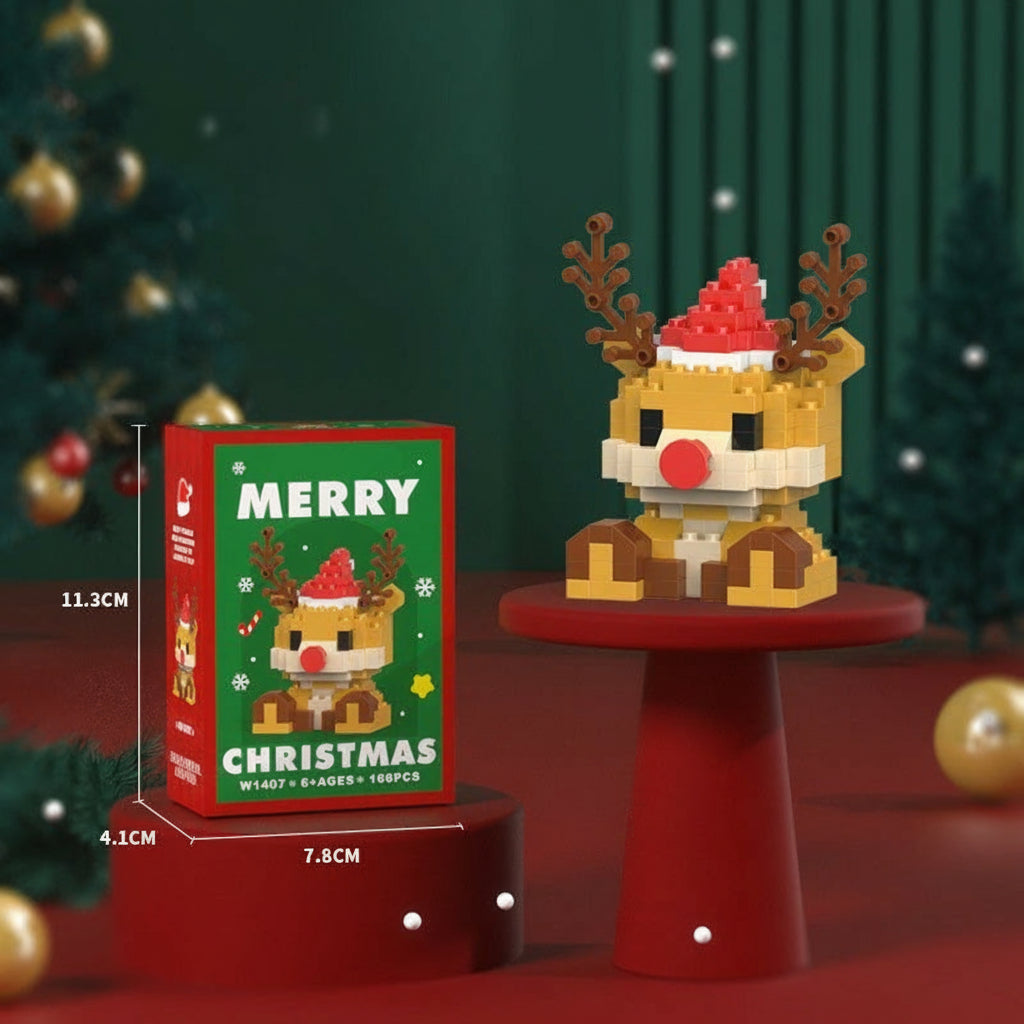 Reindeer block figure with antlers, a red nose and a Santa hat beside its box
