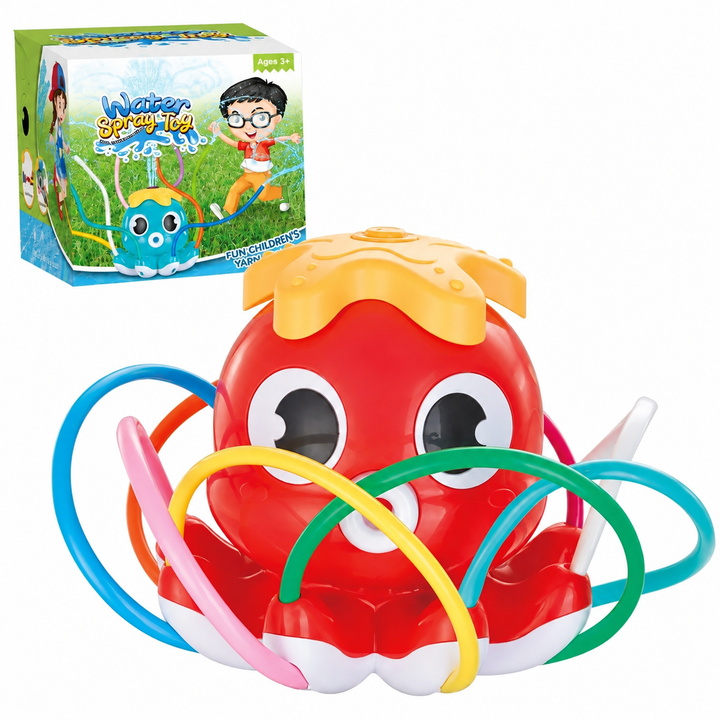 Red octopus sprinkler with a yellow top, colorful tubes, and its retail box
