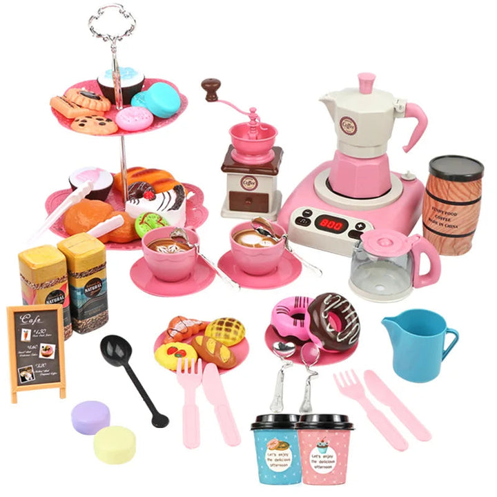 Red-option cafe playset with pink coffee accessories, pretend pastries and a two-tier stand