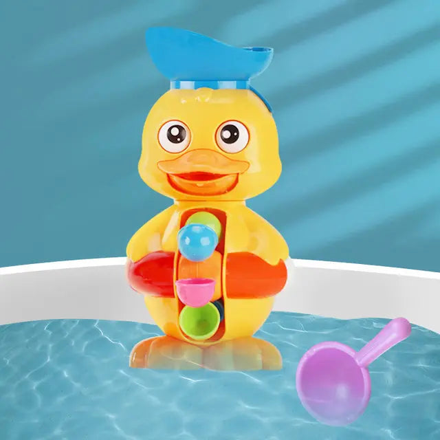 Red option duck bath toy with a light blue top bowl and purple scoop