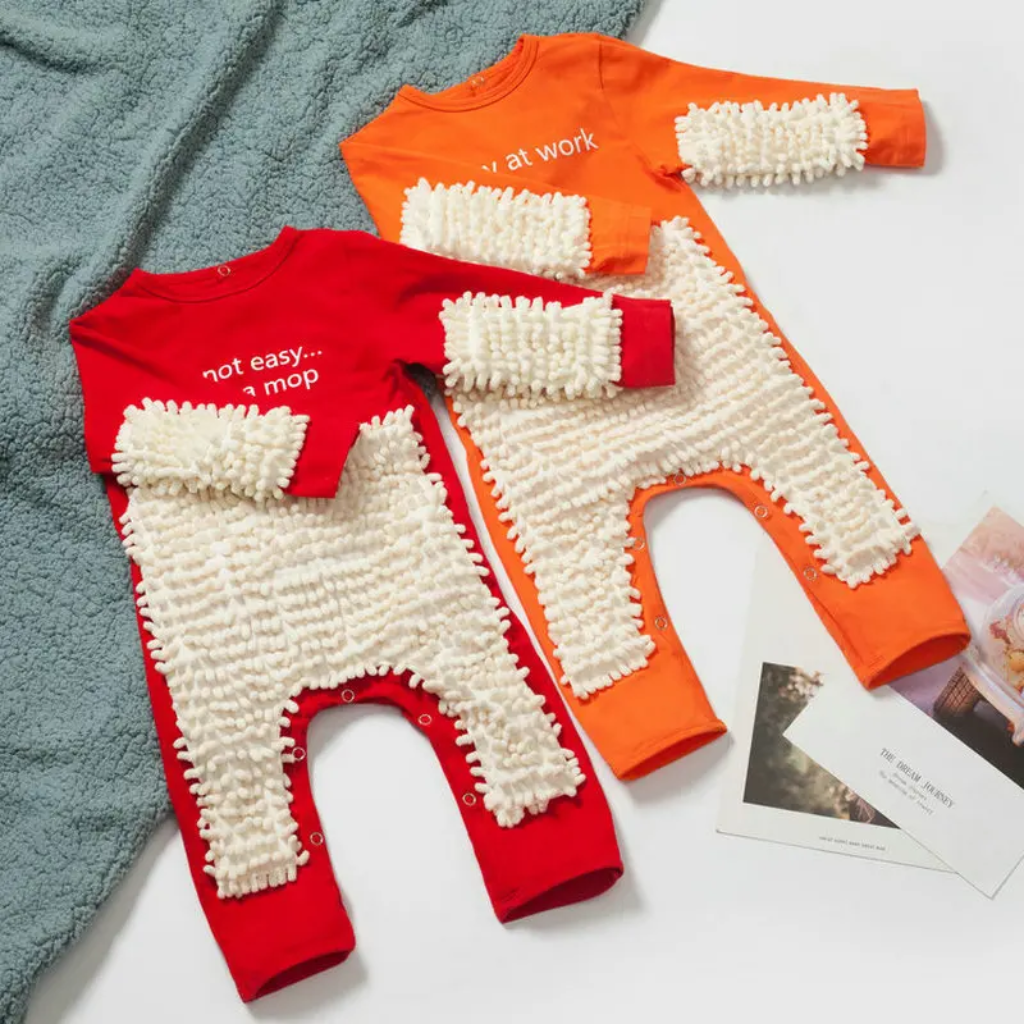 Red and orange baby jumpsuits with white cleaning-fiber panels